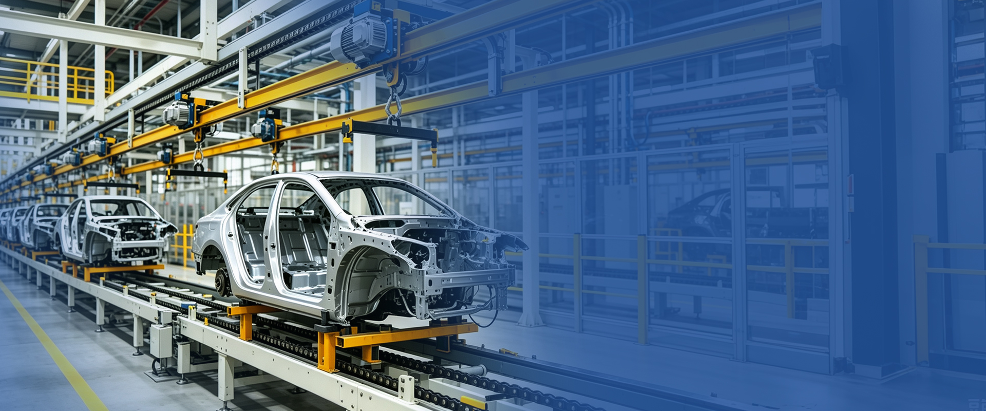 Automotive body-in-white shells suspended on an overhead conveyor inside a painting line